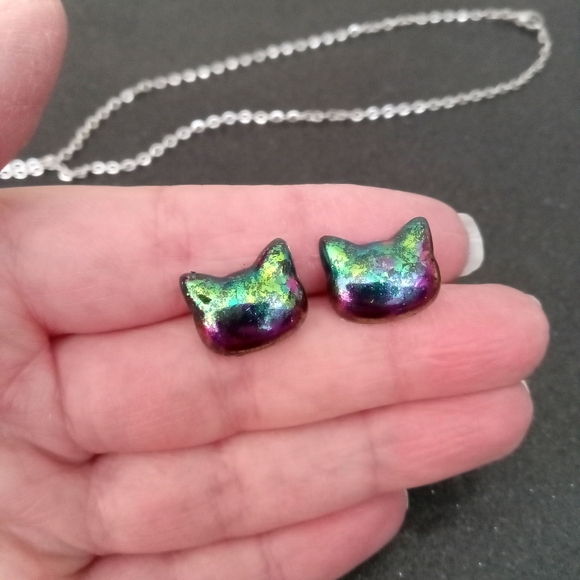 Rainbow color shift cat stud earrings and necklace jewelry set new handmade New - Picture 2 of 8